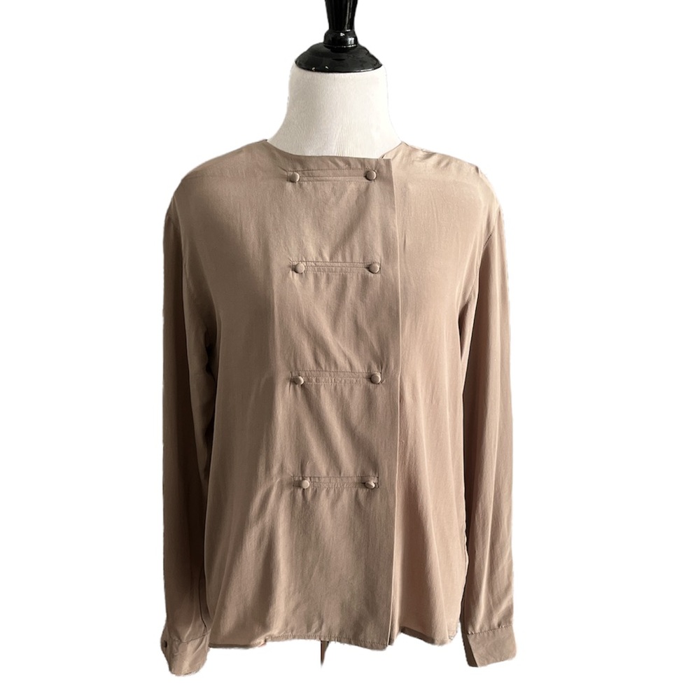 OSCAR DE LA RENTA vintage 100% silk button front blouse tan size small